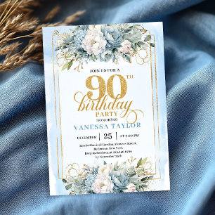 Delicate dusty blue gold trim 90th birthday invite