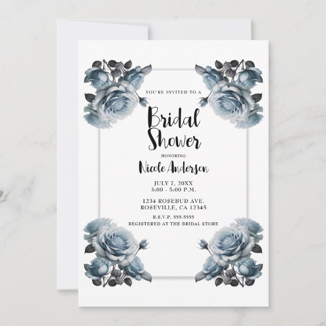 Delicate Dusty Blue Roses Elegant Bridal Shower  Invitation (Front)