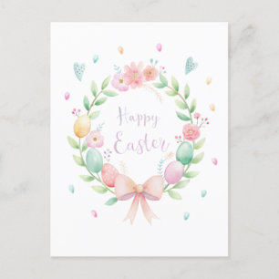 Delicate Easter wreath with flowers and eggs Holiday Postcard