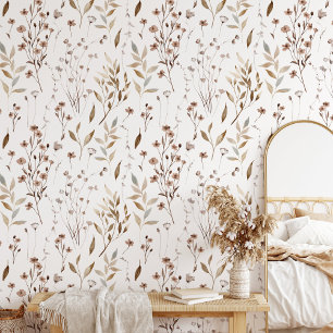 Delicate Elegant Brown Wildflowers Leaves Pattern Wallpaper