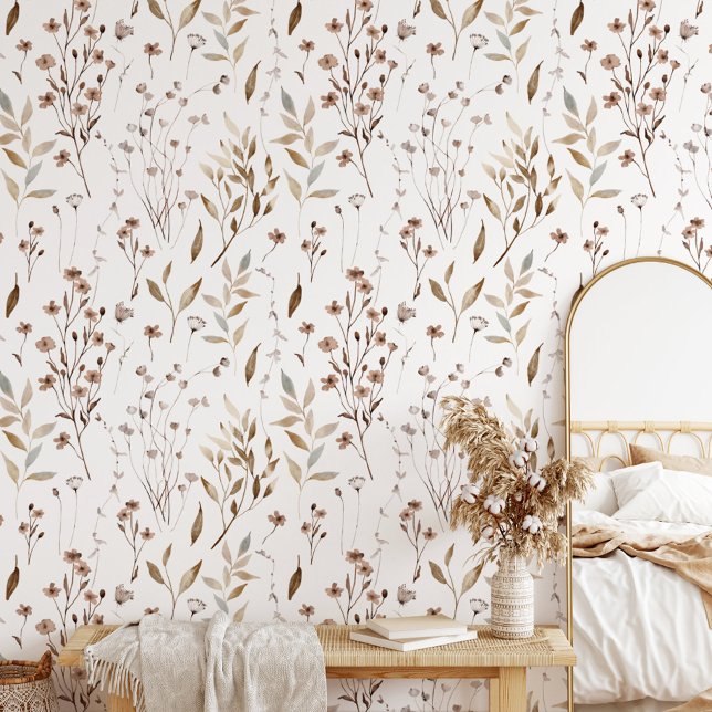 Delicate Elegant Brown Wildflowers Leaves Pattern Wallpaper (In situ)