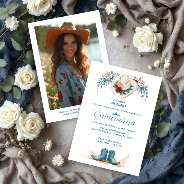 Delicate Elegant Coastal Cowgirl Boots & Hat XVs Invitation (Delicate Elegant Coastal Cowgirl Boots & Hat Quinceañera Invitation Cards.)