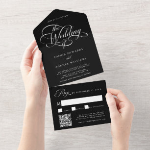 Delicate Elegant Script Wedding Black  All In One Invitation