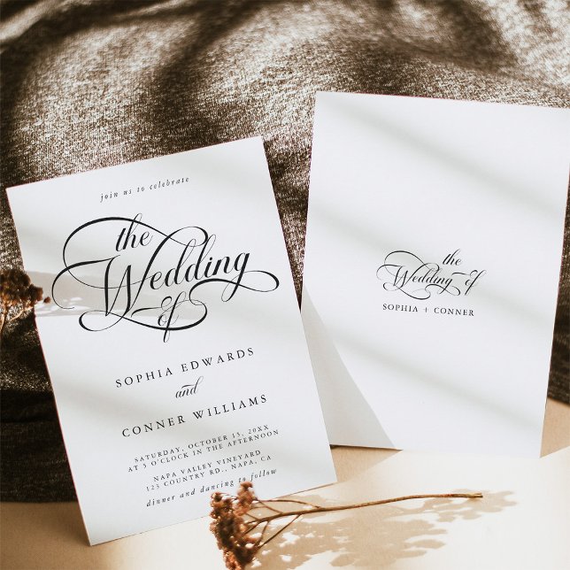 Delicate Elegant Script Wedding Black and White Invitation (Front & Back)