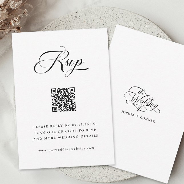 Delicate Elegant Script Wedding Black and White RSVP Card (Front & Back)