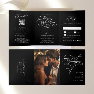 Delicate Elegant Script Wedding Black  Tri-Fold Invitation