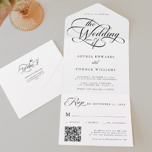 Delicate Elegant Script Wedding Black & White All In One Invitation