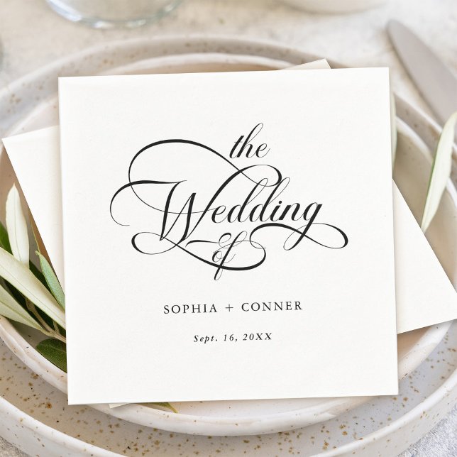 Delicate Elegant Script Wedding Black & White Napkin (Creator Uploaded)