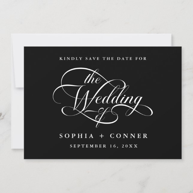 Delicate Elegant Script Wedding Photo Black  Save The Date (Front)