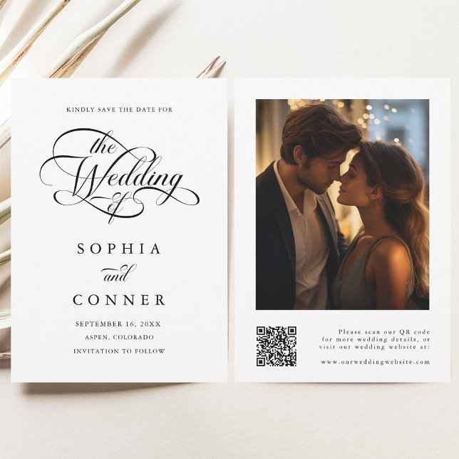 Delicate Elegant Script Wedding Photo QR Code Save The Date (Front & Back)