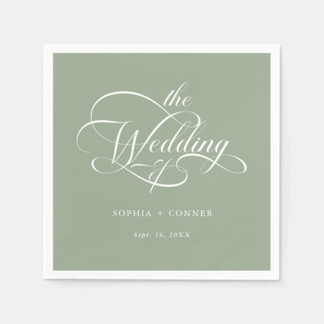 Delicate Elegant Script Wedding Sage Green Napkin (Front)