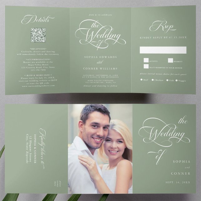 Delicate Elegant Script Wedding Sage Green Tri-Fold Invitation (Inside & Outside)