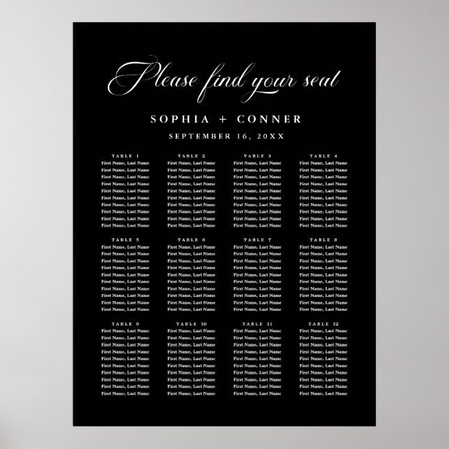 Delicate Elegant Wedding Black Seating Chart  (Front)