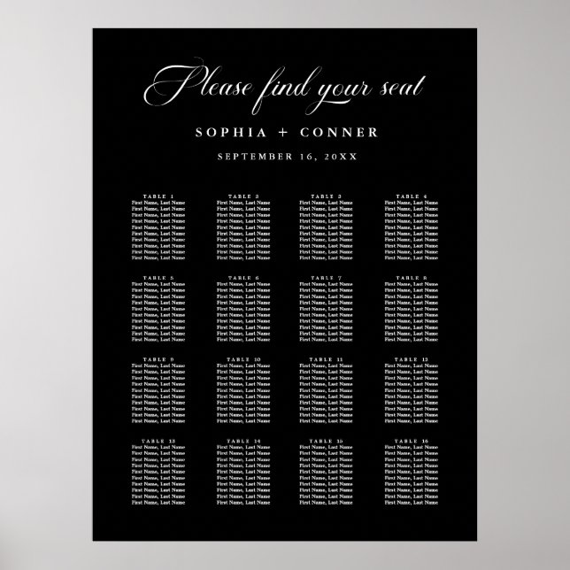 Delicate Elegant Wedding Black Seating Chart  (Front)