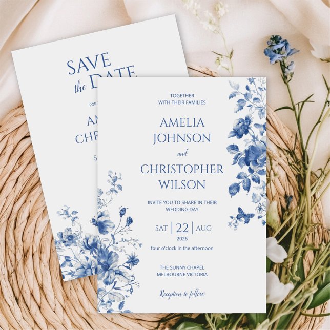 Delicate elegant wedding invitation in blue colour (Blue flower collection)