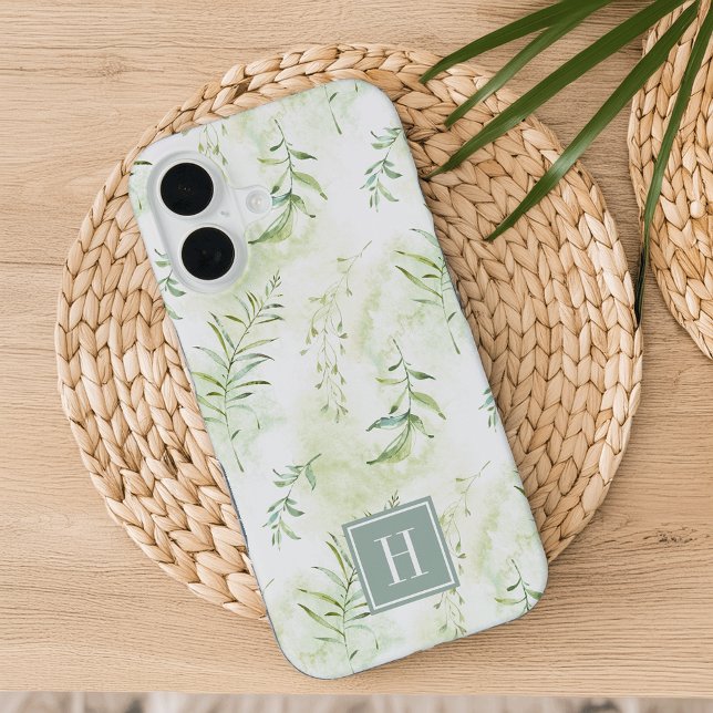 Delicate Ethereal Pastel Green Botanical Monogram iPhone 16 Case (Creator Uploaded)