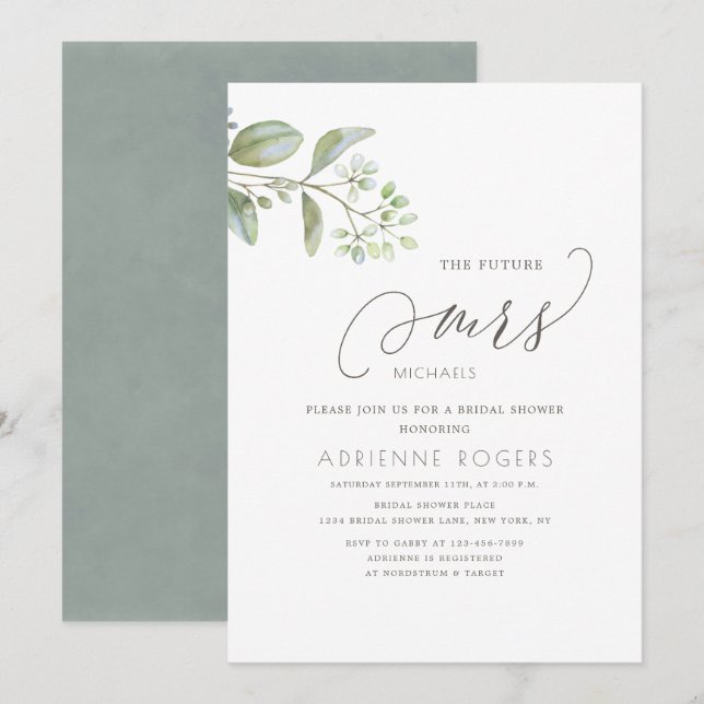 Delicate Eucalyptus Future Mrs White Bridal Shower Invitation (Front/Back)