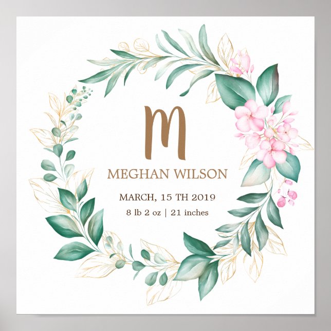 delicate eucalyptus greenery Baby Birth Poster (Front)