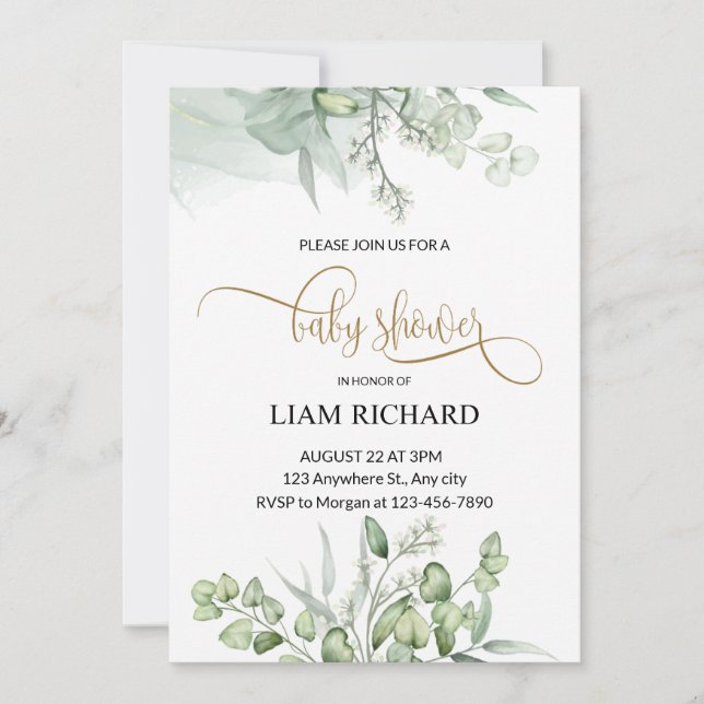 delicate eucalyptus leaves baby shower invitation (Front)