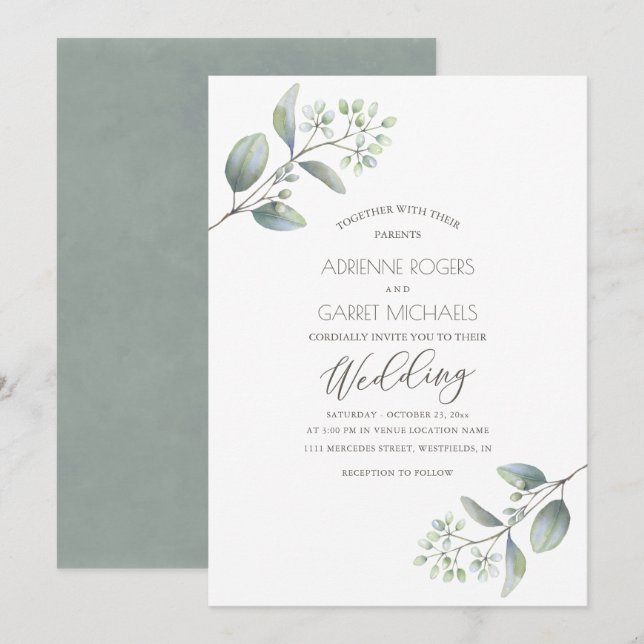 Delicate Eucalyptus Sprigs White Wedding Invitation (Front/Back)