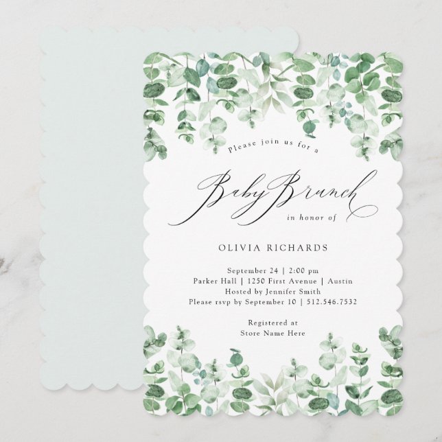 Delicate Eucalyptus | Watercolor Baby Brunch Invitation (Front/Back)