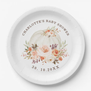 Delicate Fall Autumn Floral Pumpkin Baby Shower Paper Plate