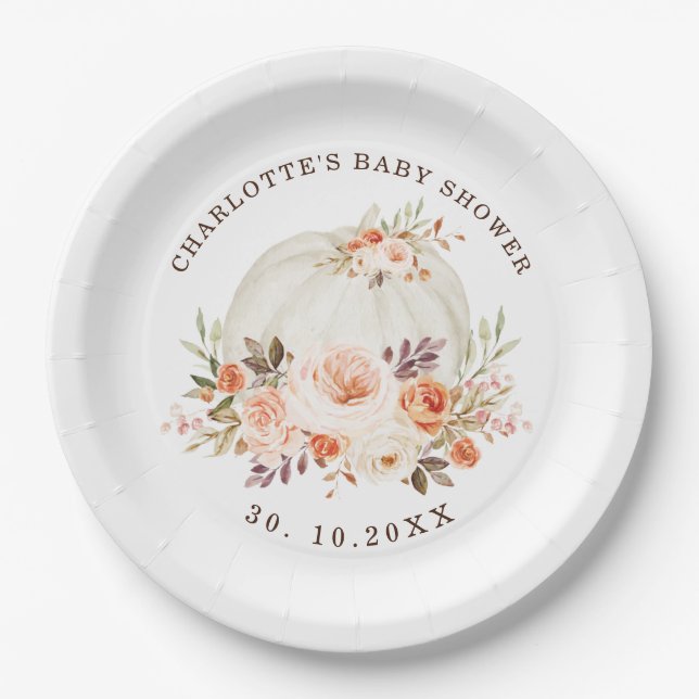 Delicate Fall Autumn Floral Pumpkin Baby Shower Paper Plate (Front)