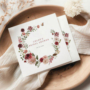 Delicate Fall Burgundy Floral Wreath Bridal Shower Napkin