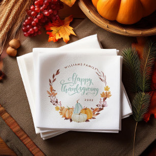 Delicate Fall Wreath Happy Thanksgiving Napkin