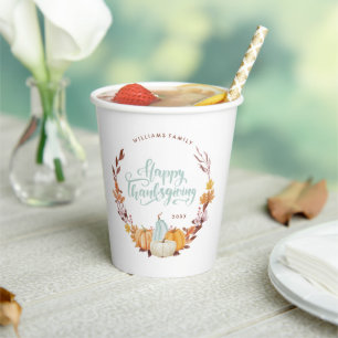 Delicate Fall Wreath Happy Thanksgiving Paper Cups