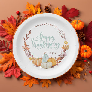 Delicate Fall Wreath Happy Thanksgiving Paper Plate
