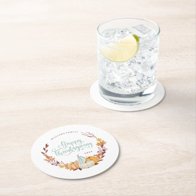 Delicate Fall Wreath Happy Thanksgiving Round Paper Coaster (Insitu)