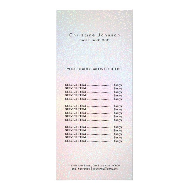 delicate faux rainbow glitter price list rack card (Front)