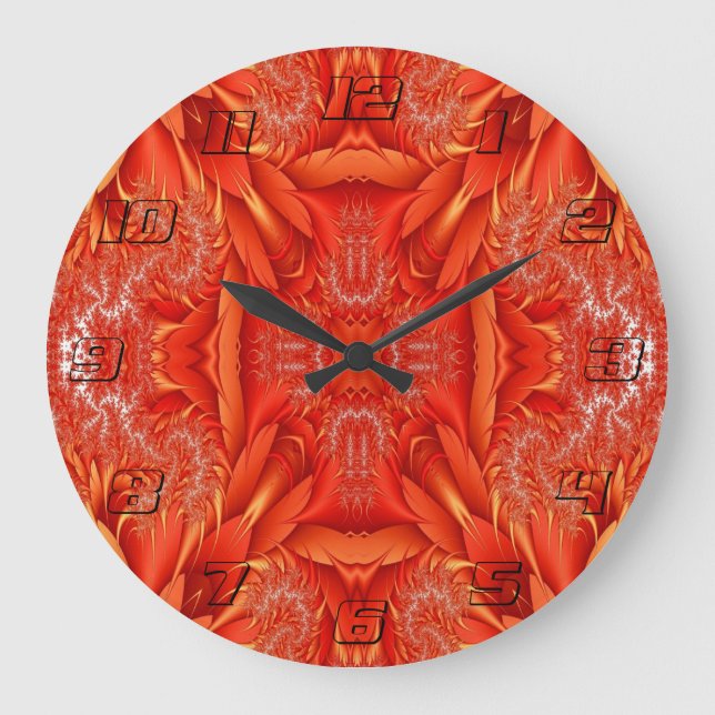Delicate Feather Fractal Design - red Large Clock (Front)