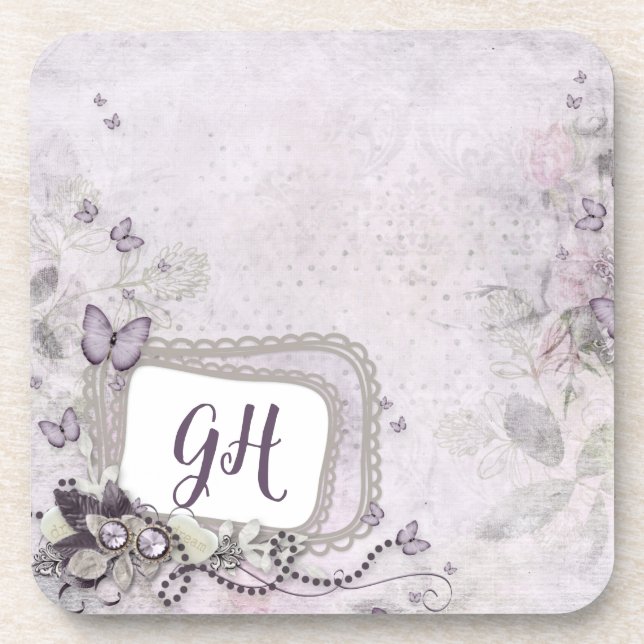 Delicate Feminine Purple Lilac Floral Monogrammed Coaster (Front)