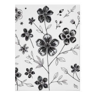 Delicate Fine Line Flowers and Leaves  Poster