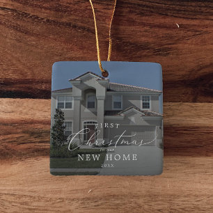 Delicate First Christmas In New Home Dark Photo Ceramic Ornament