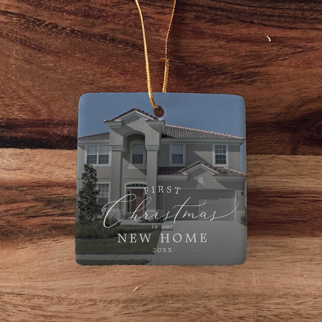 Delicate First Christmas In New Home Dark Photo Ceramic Ornament (Creator Uploaded)