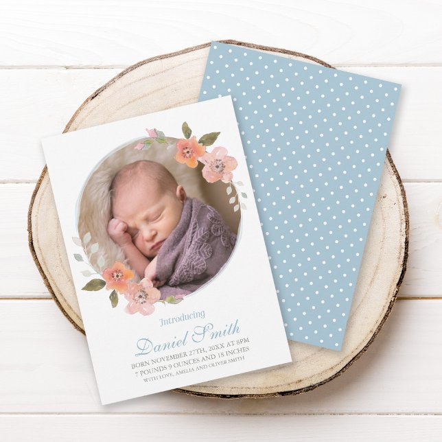 Delicate Floral Blue Baby Announcement Photo (Creator Uploaded)