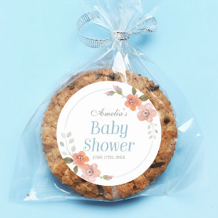 Delicate Floral Blue Baby Shower Round Sticker