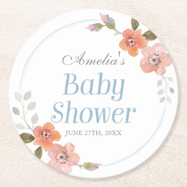 Delicate Floral Blue Boy Baby Shower Round Paper Coaster (Front)
