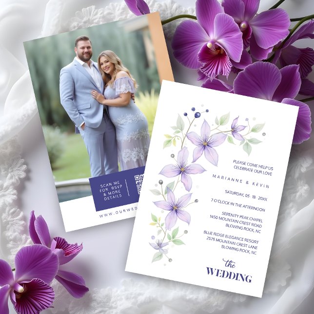 Delicate Floral & Botanical Branch Light Purple  Invitation (Delicate Floral & Botanical Branch Light Purple Wedding Invitation Cards with Back Photo and QR Code)