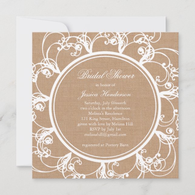 Delicate Floral Bridal Shower Invitation on Burlap (Front)