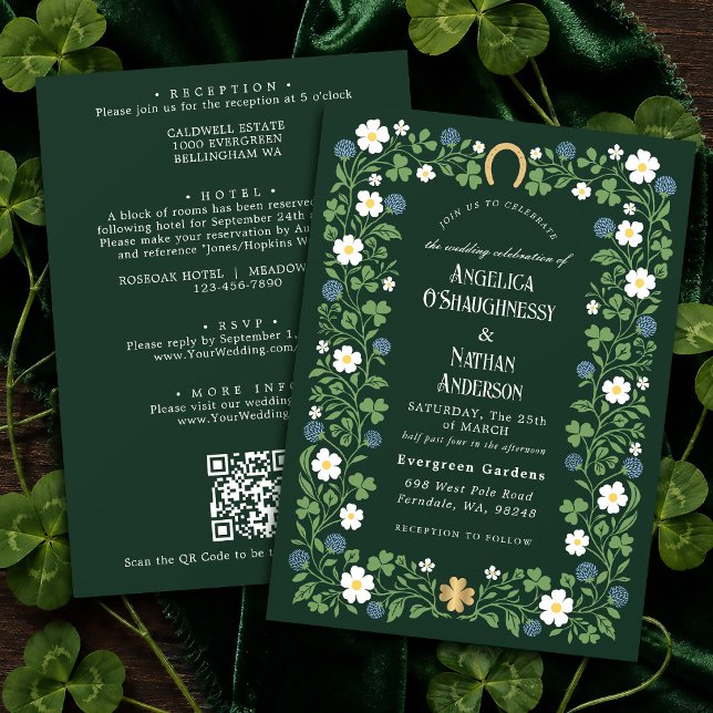 Delicate Floral Clover Spring Wedding QR Code Invitation (Creator Uploaded)