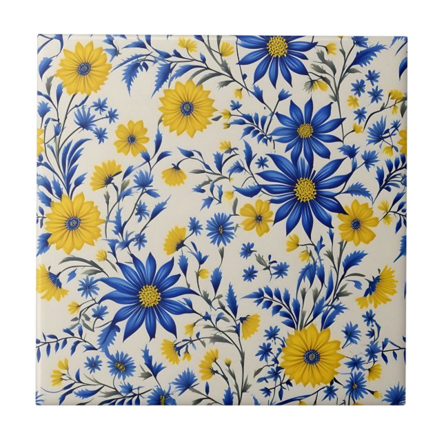Delicate Floral Cornflower And Yellow Flowers Tile (Front)