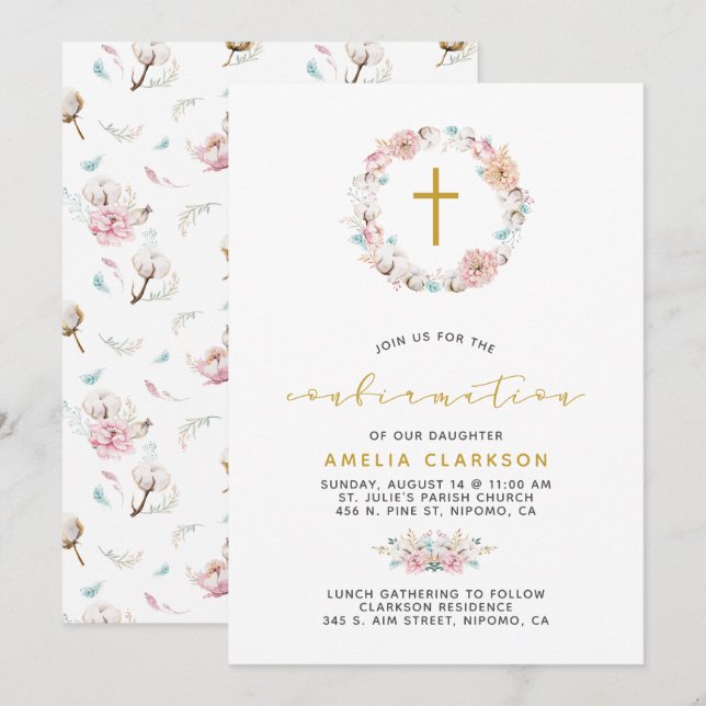 Delicate Floral & Cotton Confirmation Invitation (Front/Back)
