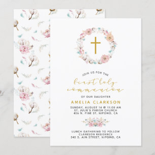 Delicate Floral & Cotton First Communion Invitation