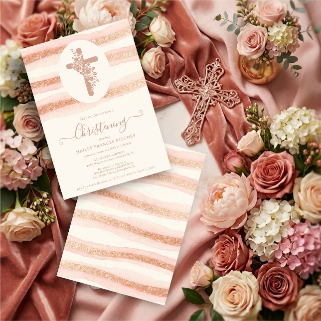 Delicate Floral Cross Romantic Rose Gold Invitation (Delicate Floral Christian Cross Romantic Rose Gold Glitter Style Christening Invitation Cards.)