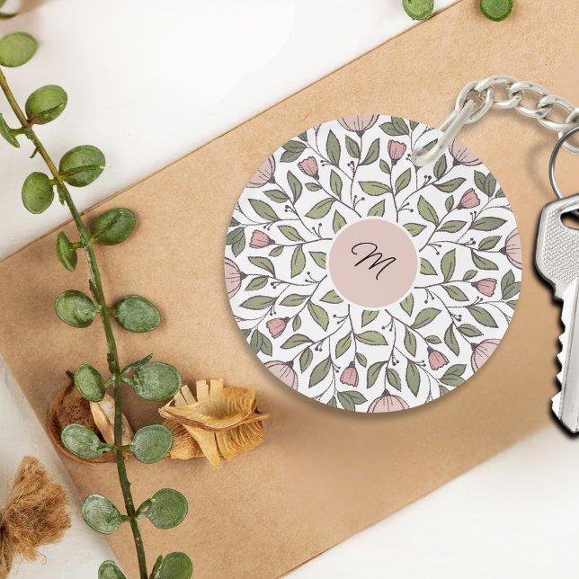 Delicate Floral Custom Monogram  Key Ring (Creator Uploaded)