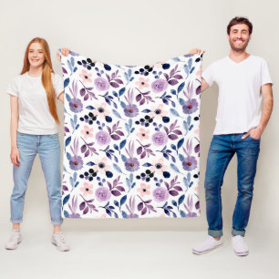 Delicate Floral Design with Navy Lavender Leaves Fleece Blanket